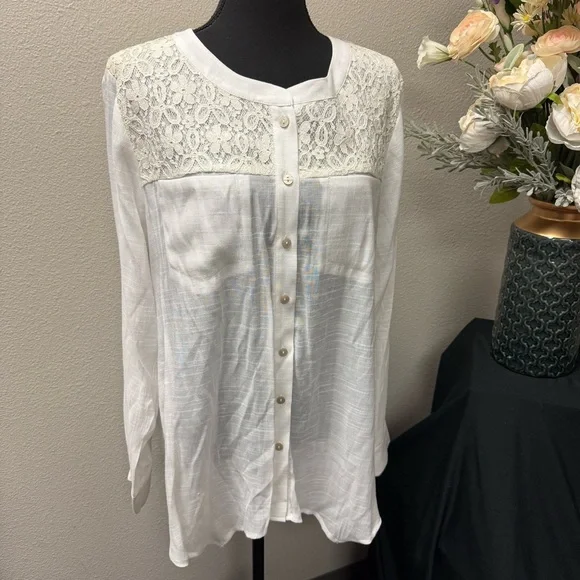 Democracy Cream Lace Yoke Button Front Blouse Top XL Boho Chic Lightweight - Picture 1 of 8